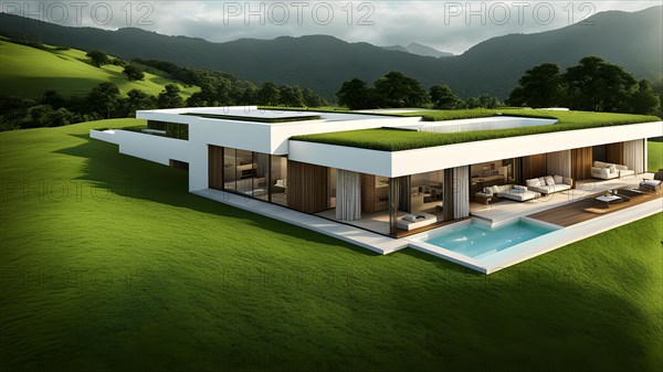 House nestled within a hillside grass blanketed roof harmonizing with the landscape, AI generated, building, architecture, modern