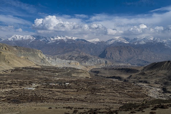 Terraced landscape in mountain scenery, Ghar Gumba monastery, Kingdom of Mustang, Nepal, Asia