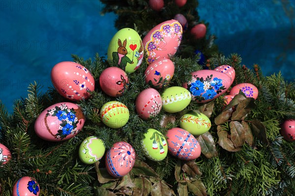 Detail of an Easter fountain in Franconian Switzerland, Bamberg district, Upper Franconia, Germany, many colourful blown-out and dyed eggs as decoration, Easter custom, Europe