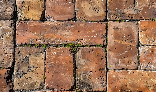 Terracotta paving stones form a textured ground surface with a classic weathered brick pattern AI generated