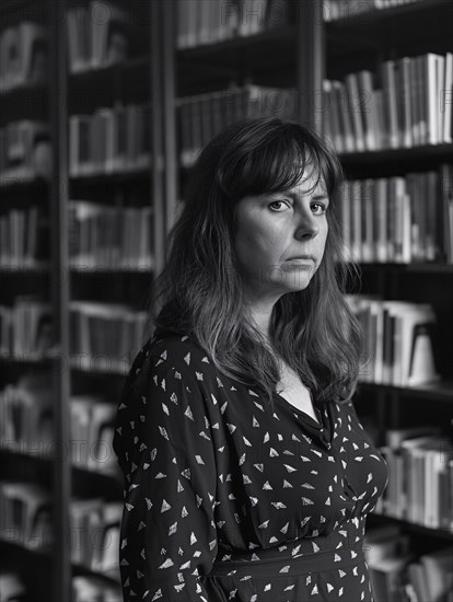 Black and white portrait of a solemn woman in a patterned blouse standing in front of bookshelves, AI generated
