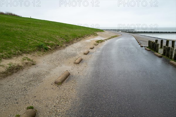 Wet coastal path next to a grassy area and sand with a cloudy sky, Breskens, Zeeland, Netherlands
