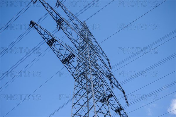 Power pole, high-voltage power line, Lueneburg, Lower Saxony, Germany, Europe
