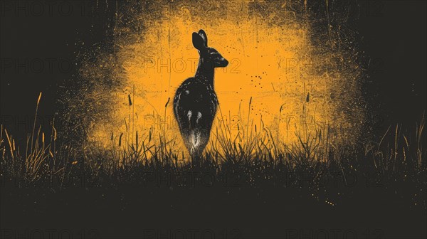 Silhouette of a kangaroo in a field with backlighting creating a dramatic yellow scene, ai generated, AI generated