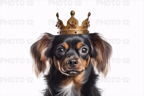 Portrait of cute dog with golden crown in front of white background. KI generiert, generiert AI generated