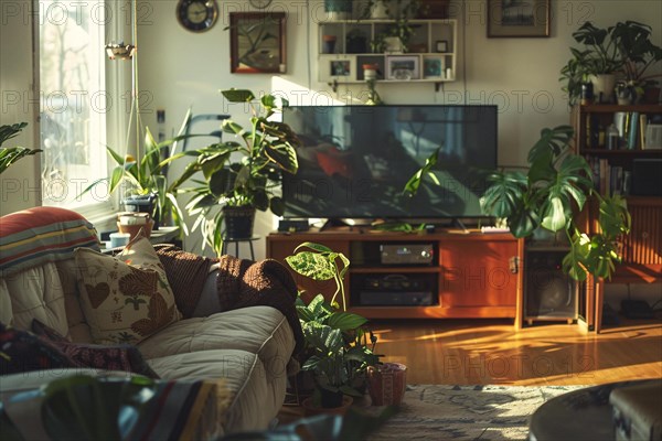 Warm sunlight bathes a cozy living room filled with plants and personal touches, AI generated
