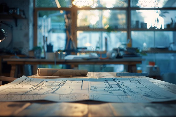 Close-up of architectural blueprints on a drafting table in a workshop with blurred tools behind, AI generated