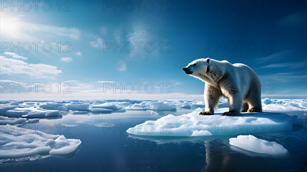 Polar bear navigating a shrinking ice floe glistening searching for solid terrain, AI generated