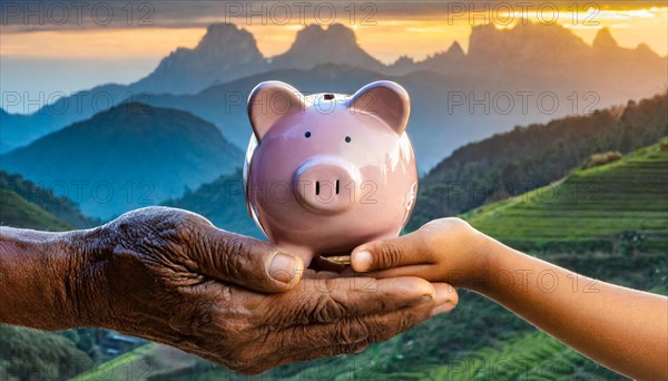 A piggy bank is held jointly by the hands of an old man and a child, AI generated, AI generated