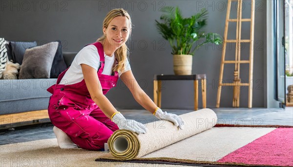 AI generated, Your woman is laying a new carpet in the living room