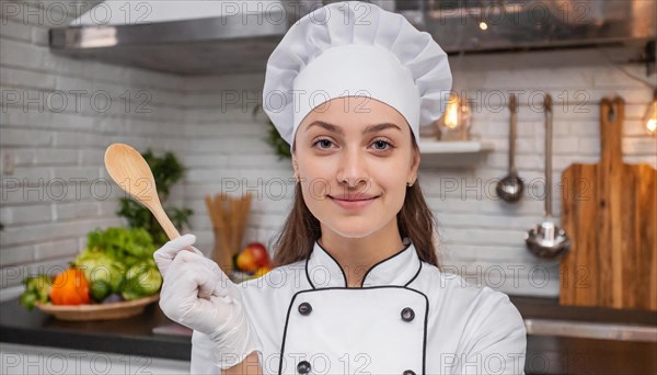 AI generated, An attractive blonde chef in the kitchen of a hotel