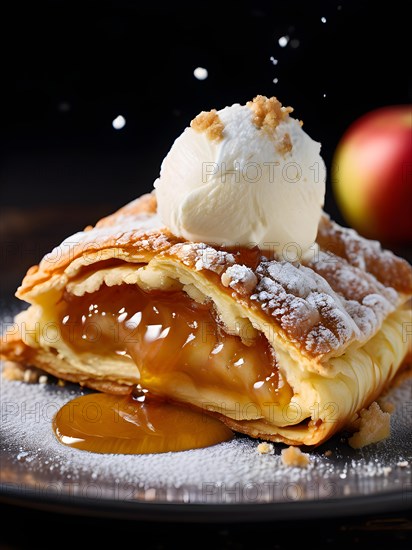 Apple strudel delicate layers of pastry intertwined with spiced apple, AI generated