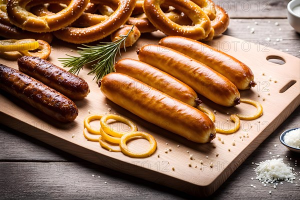 sausages paired with sweet mustard fresh pretzels, AI generated