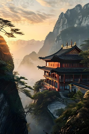 Shaolin temple basks in the serenity of dawn mist wreathed mountains cradle the scene, AI generated