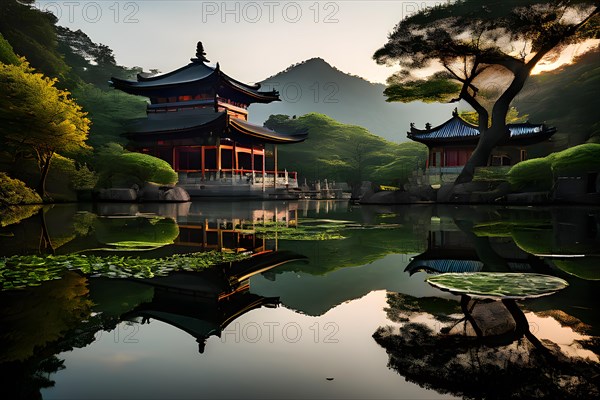 Shaolin temple mirrored perfectly in undisturbed waters, AI generated