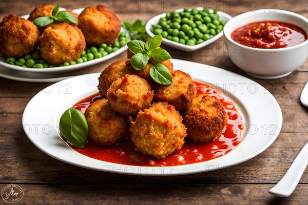 Crispy arancini risotto balls encasing molten mozzarella and green peas, AI generated