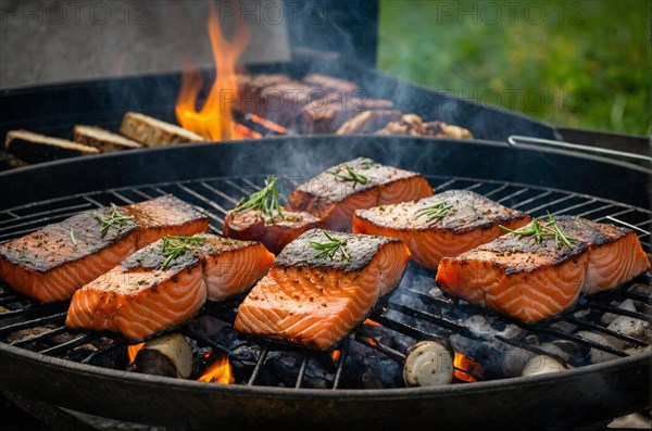 Salmon fillets grilling over open flames with a hint of rosemary, AI generated