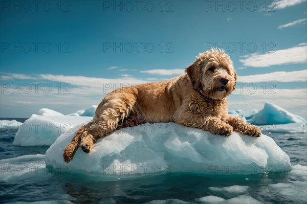 Relaxed labradoodle lagotoo dog lounging on an ice floe with a serene expression, alone isolated in the artic sea. Environmental and climate change issues concept, AI generated