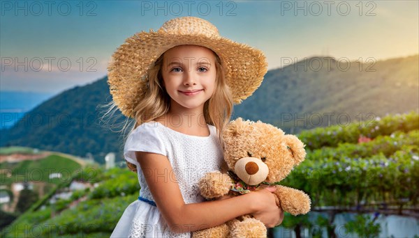 Ai generated, A blonde girl, 8 years old, enjoys the summer in a meadow with lots of flowers and is happy about her teddy bear, mascot