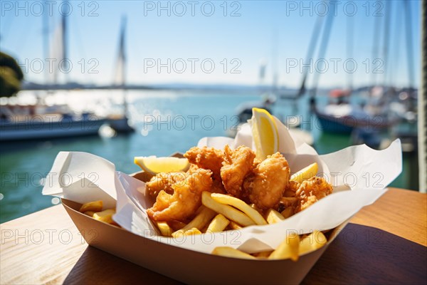 Traditional fish and chips fast food meal on table with sunny bay with boats in blurry background. KI generiert, generiert AI generated