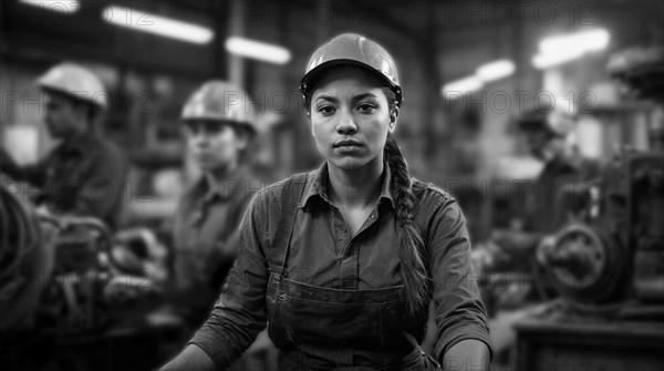Focused woman worker in industrial setting, wearing helmet, black and white photo, women at heavy industrial jobs, feminine power and rights concept, blurry selective focus background, bokeh, AI generated