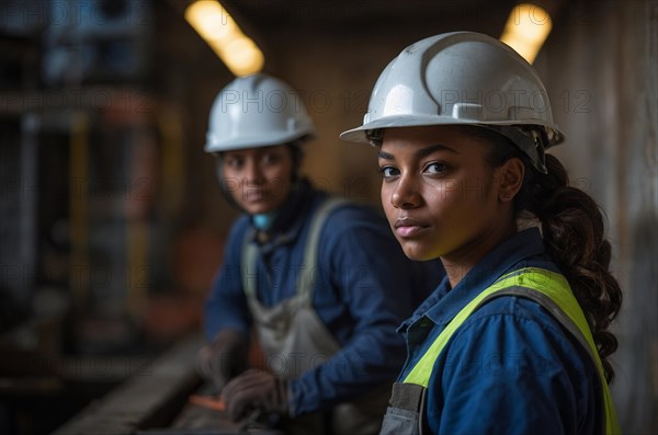 A focused worker in the foreground with her colleague in a team-oriented industrial setting, women at heavy industrial jobs, feminine power and rights concept, AI generated