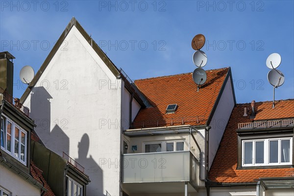 Red tiled roofs, pointed gables and satellite dishes, Kempten, Allgaeu, Bavaria, Germany, Europe