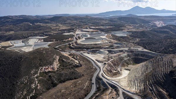 Mineral mining in the mountains near Apollonia, aerial view, Milos, Cyclades, Greece, Europe