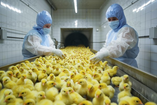 Male chicks on a conveyor belt. In poultry production, chick killing or chick shredding refers to the routine killing of day-old chicks that are no more than one day old. AI generated, AI generated, AI generated