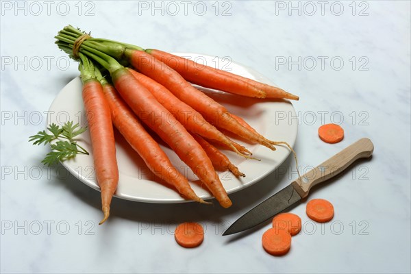 A bunch of carrots on a plate, Daucus carota, carrots