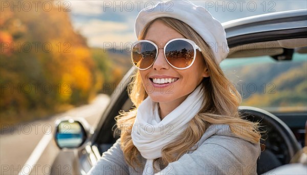 AI generated, A blonde woman enjoys her open-top convertible on a drive