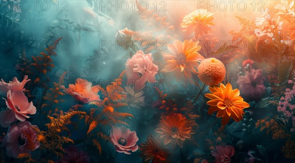 Dreamy digital art of flowers in a mystic orange-tinged haze, ai generated, AI generated
