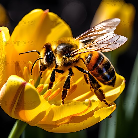 Bee alights on vibrant yellow tulip, AI generated