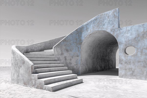 Surreal blue-toned architectural structure with an arch and shadow play, AI generated