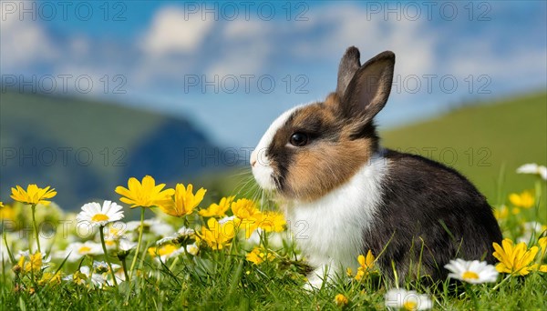 KI generated, A colourful dwarf rabbit in a meadow with white and yellow flowers, spring, side view, (Brachylagus idahoensis)