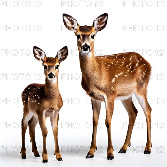 Red deer hind nose to nose with her calf, isolated white background, AI generated