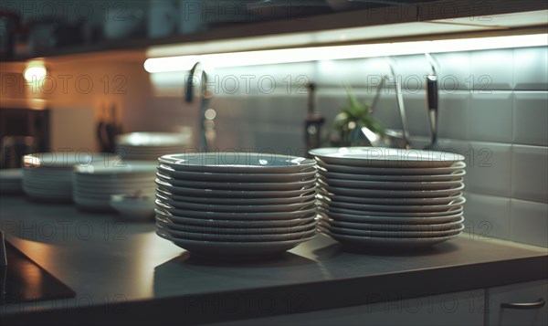 Stacks of clean plates on a kitchen counter under dim lighting AI generated