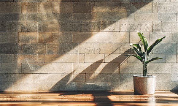A potted green plant on a wooden surface with sunlight creating a pattern on the brick wall AI generated
