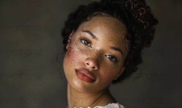 A woman with freckles exhibits natural beauty and quiet confidence AI generated