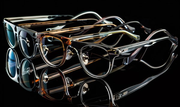 Various styles of eyeglasses with transparent frames against a black backdrop AI generated
