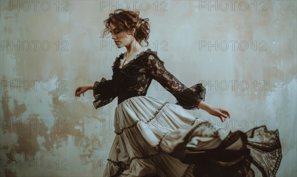 A dynamic pose of a woman jumping in vintage clothing against a distressed background AI generated