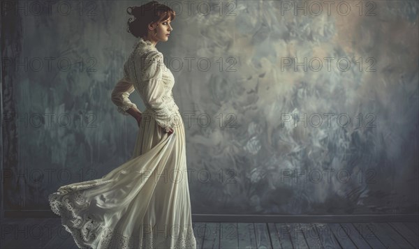 Elegant woman in motion wearing a vintage dress with a dramatic and classic backdrop AI generated