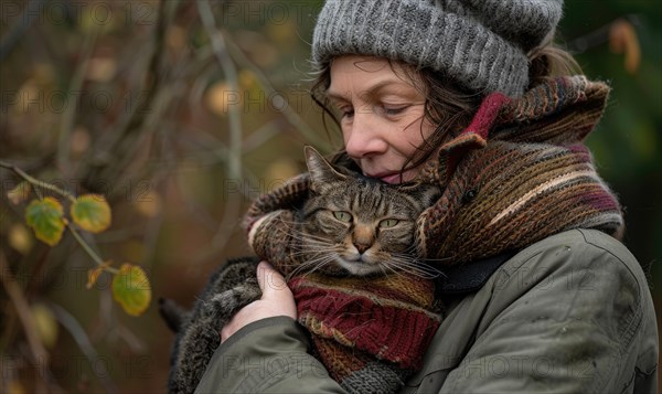 A woman warmly dressed in winter attire embraces a cat, showcasing a bond of affection AI generated