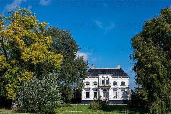 Elegant white villa against a clear blue sky, surrounded by lush gardens, Winschoten, Groningen, Netherlands