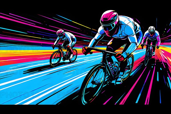 Cyclists in velodrome, neon color line art, AI generated