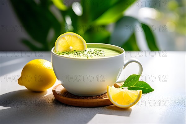 Detoxifying green tea and lemon smoothie, AI generated