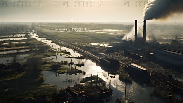 Aerial perspective captures devastated agricultural landscapes immersed in floodwaters, AI generated