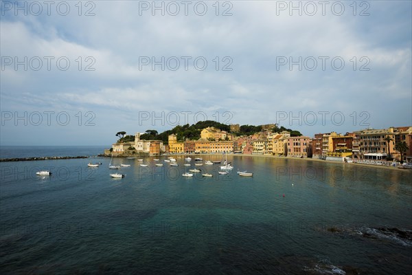 Village with beach and colourful houses by the sea, Baia del Silenzio, Sestri Levante, Province of Genoa, Riveria di Levante, Liguria, Italy, Europe