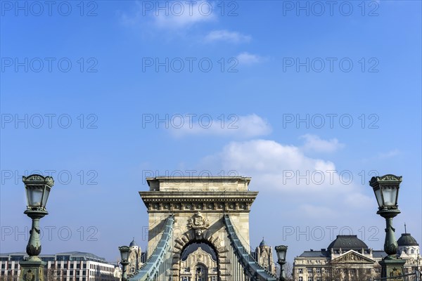 The Chain Bridge over the Danube, suspension bridge, building, politics, history, city trip, blue sky, travel, tourism, architecture, Eastern Europe, capital, Budapest, Hungary, Europe