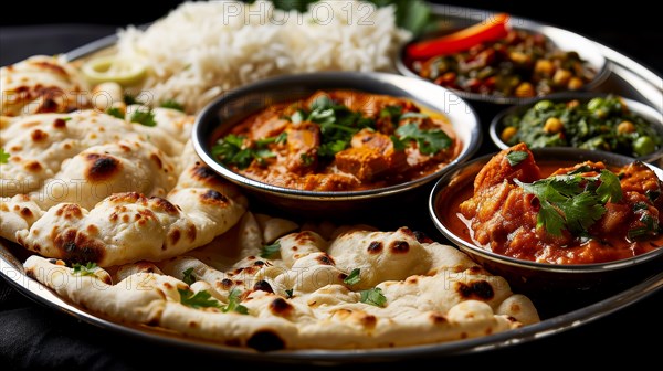 Traditional Indian meal with curry, rice, and freshly baked naan, ai generated, AI generated